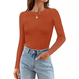 Women's terracotta ribbed knit long-sleeve top with a classic round neck design