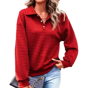 Casual red waffle knit polo collar sweatshirt for women with white button detail