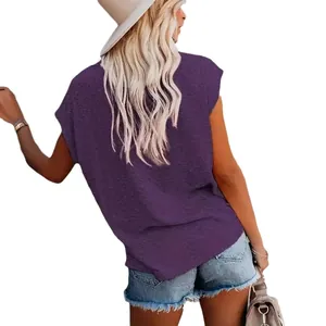 Women's casual purple crew neck short sleeve T-shirt featuring a solid color minimalist design