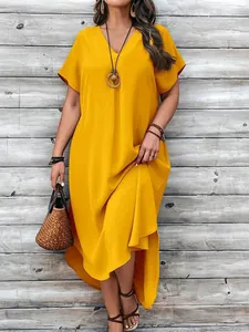 Stylish mustard yellow V-neck maxi dress featuring a loose casual fit for summer vacation