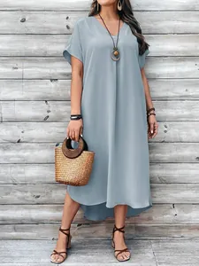 Stylish light blue V-neck maxi dress for women featuring a casual loose fit design