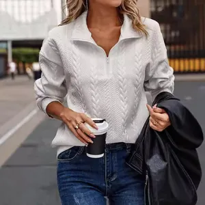 Felpa Casual da Donna con Mezza Zip e Revers Maglione in Maglia a Maniche Lunghe Tinta Unita Top Largo Moda Autunno Inverno