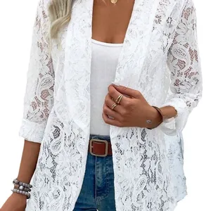 Elegant white floral lace blazer for women, stylish lightweight summer cardigan jacket