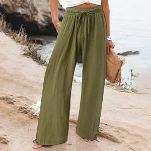 Dames katoen linnen broek met wijde pijpen in olijfgroen voor strand en vrije tijd.