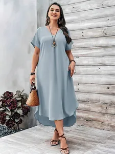 Plus size V-neck summer dress in light blue, casual loose fit midi length style