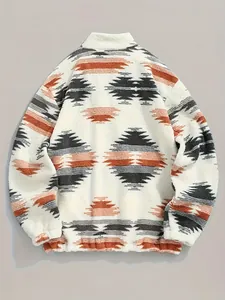Vue arrière détaillée d'une veste en peluche blanche avec imprimé géométrique bohème.