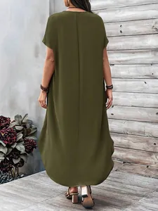 Back view of a comfortable, loose-fitting olive green maxi dress designed for plus-size women