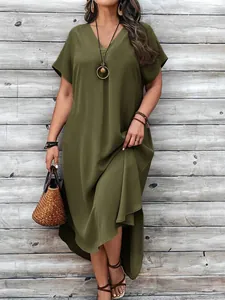 Detailed view of a stylish plus size olive green V-neck casual summer dress