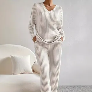 Women Casual Polyester Ribbed Knit Top And Bottom V Neck Long Sleeve Loose Pants For Autumn Winter Loungewear Every Day
