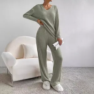 Women's chic V-neck ribbed knit two-piece set with wide-leg trousers for autumn winter