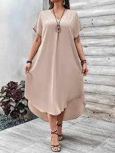 Elegant plus size women's V-neck casual midi dress in apricot with high-low hem design