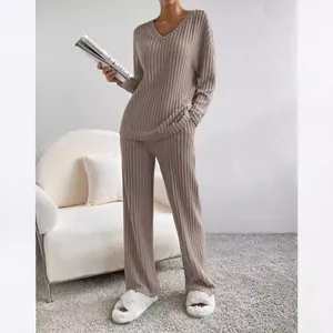 Elegant women's V-neck ribbed loungewear two-piece set with wide-leg pants in soft taupe