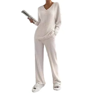 Women's elegant V-neck ribbed two-piece set with long-sleeve top and straight pants