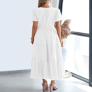Back view of a elegant white tiered maxi dress with puff sleeves and pleated details for summer.