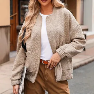 Chaqueta Bomber para Mujer con Textura Jacquard Floral 3D Cremallera Cuello Alto Manga Larga con Bolsillos Top Casual Moda
