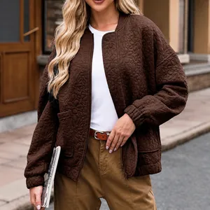 Chaqueta bomber marrón con flores en relieve para mujer, cárdigan de otoño estilo calle