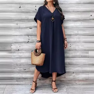 Fashionable navy blue V-neck plus size midi dress with a loose casual fit for summer