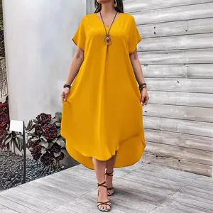 Elegant loose-fit V-neck plus size yellow dress for women summer fashion trend