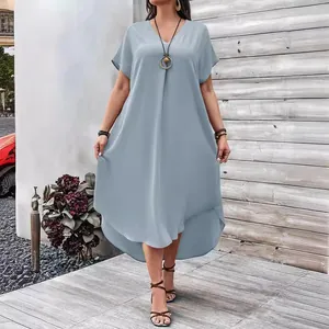 Summer fashion elegant light blue V-neck plus size midi dress with irregular hemline