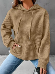 Khaki waffle knit long sleeve hoodie with kangaroo pocket for women's autumn fashion