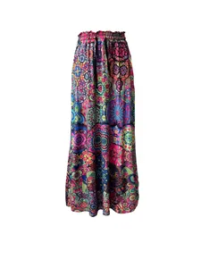 Detailed view of bohemian maxi skirt with colorful 3D digital mandala print and elastic waist