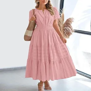 Elegant pink tiered maxi dress with a V-neck, puff sleeves, and comfortable smocked waist