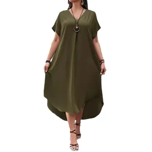 Stylish olive green plus size casual V-neck midi dress with short sleeves for women
