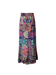 Full-length view of a Bohemian pleated skirt featuring vibrant 3D digital mandala prints.
