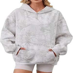Oversized women's hoodie with a soft gray maple leaf print and a kangaroo pocket