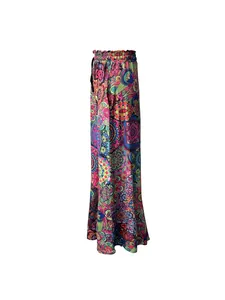 Bohemian wide-leg pants featuring vibrant 3D digital mandala print and a pleated high waist