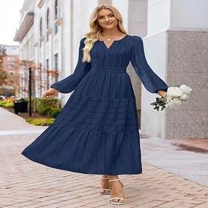 Elegant navy V-neck tiered maxi dress with bubble sleeves and a smocked waist for women