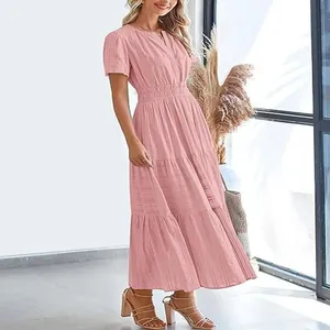 Elegant pink V-neck pleated puff sleeve tiered maxi dress for women summer fashion.