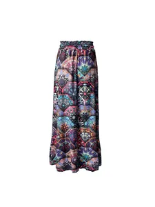 Bohemian style wide-leg pants with colorful mandala print and elastic waist design