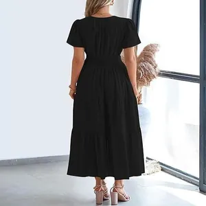 Back view of a chic black V-neck pleated puff sleeve tiered maxi dress for women