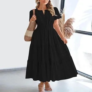 Full length view of black tiered maxi dress with V-neckline and puff sleeves