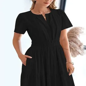 Close-up of a black V-neck tiered maxi dress with puff sleeves and elastic waist.