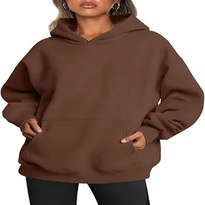 Detailed view of oversized chocolate brown fleece hooded sweatshirt with kangaroo pocket