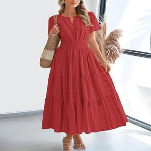 Elegant red V-neck pleated tiered maxi dress with short puff sleeves for spring summer