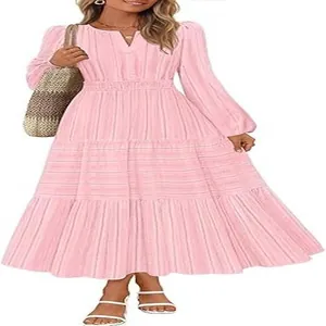 Detailed view showing the pink V-neck tiered maxi dress with elegant bubble sleeves