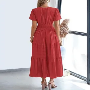 Back view of a red tiered midi dress featuring puff sleeves and elegant pleated fabric