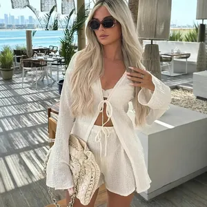Γυναικείο Σετ Top And Bottom από Πολυεστέρα για Διακοπές Μονόχρωμη Μπλούζα με Μακρύ Μανίκι και Κορδόνι και Σορτς