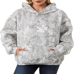 Front view of women's grey leaf print hoodie featuring a kangaroo pocket and hood