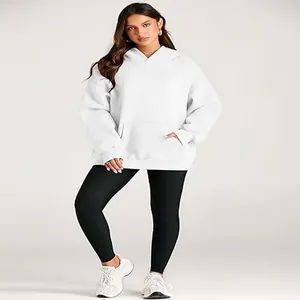White oversized women's hooded sweatshirt in casual sporty style with front pocket