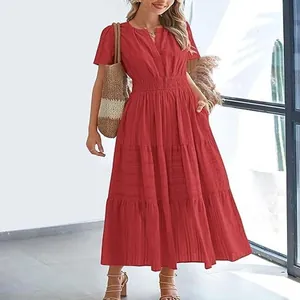 Elegant red V-neck maxi dress featuring a tiered skirt and a cinched waist for women