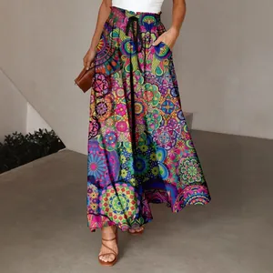 Bohemian Feather Print Wide Leg Pants For Women High Waisted Pleated Elastic Waist Loose Summer Casual Bottom