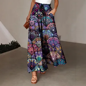 Bohemian high-waist wide-leg pants with colorful mandala print and drawstring waist