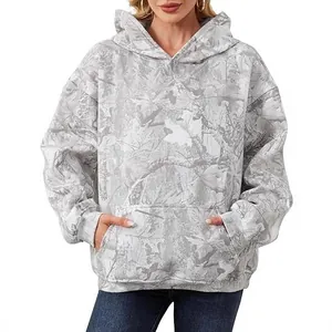 Women's oversized hoodie with realistic grey maple leaf camouflage print and pocket