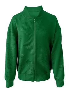 Giacca bomber testurizzata verde da donna taglie forti con cerniera frontale e design
