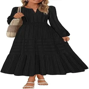 Full view of elegant black V-neck tiered maxi dress with stylish long puff sleeves.
