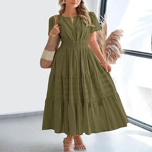 Detailed view of olive green V-neck pleated puff sleeve tiered maxi dress for women